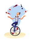 Circus juggler with clubs riding unicycle on white Royalty Free Stock Photo