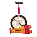 Circus juggling and equilibristics clubs and unicycle bike vector icons