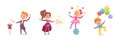 Circus kid character, boy girl child performing show set, juggler acrobat clown magician