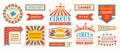 Circus labels. Carnival retro banner signs, vintage magic frames and arrows elements, welcome the show greetings. Vector Royalty Free Stock Photo