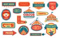 Circus labels, carnival signs and badges, funfair signboards. Vintage magic show sign, amusement park or festival event