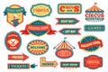 Circus labels and signs, retro fun fair carnival signboards. Vintage amusement park pointers, festival fairground event