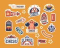 Circus Labels Or Stickers Set Feature Vibrant, Eye-catching Retro Designs With Classic Motifs Such As Tents, Clowns