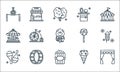 Circus line icons. linear set. quality vector line set such as curtain, popcorn, juggling, ice cream, wheel, carousel, lollipop,