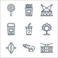 circus line icons. linear set. quality vector line set such as drum, human cannonball, cymbals, ring of fire, soft drink, popcorn