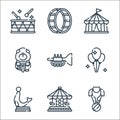 Circus line icons. linear set. quality vector line set such as elephant, carousel, seal, balloons, trumpet, bear, circus tent, Royalty Free Stock Photo