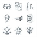 Circus line icons. linear set. quality vector line set such as fireworks, target, juggler, ticket, trumpet, balloon, whip, tarot