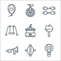 Circus line icons. linear set. quality vector line set such as hot air balloon, cymbals, trumpet, caramelized apple, food stand,