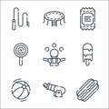 circus line icons. linear set. quality vector line set such as hot dog, human cannonball, beach ball, ice cream, juggler, lollipop Royalty Free Stock Photo