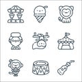 Circus Line Icons. Linear Set. Quality Vector Line Set Such As Soda, Platform, Monkey, Circus Tent, Trapeze Artist, Bearded Woman