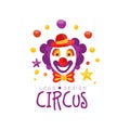 Circus logo design, carnival, festive, circus show label with clown, hand drawn template of flyear, poster, banner Royalty Free Stock Photo