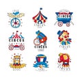 Circus logo design set, colorful emblems for amusement park, festival, party, creative template of flyear, posters Royalty Free Stock Photo