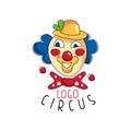 Circus logo, emblem with clown for amusement park, festival, party, creative template of flyear, posters, cover, banner