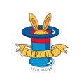 Circus logo original design, emblem rabbit appearing from magician top hat for amusement park, festival, party, creative