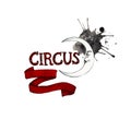 Circus logo on white isolated background. Watercolor stain, moon and ribbon