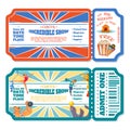 Circus magic show entrance tickets templates. Vector illustration