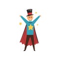 Circus magician surrounded by stars standing with hands up. Cheerful illusionist in magic hat and cape. Flat vector