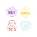 Circus and Mardi Gras logos set in different colors. Sketch vector emblems with theatrical masks, top of tent, jester