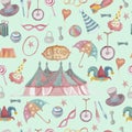 Circus marquee arena watercolor illustration hand drawn patern seamless pattern hand rings ball flags arena clown hat and boot set