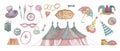 Circus marquee arena watercolor illustration hand drawn patern seamless pattern hand rings ball flags arena clown hat and boot set