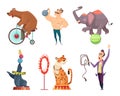 Circus mascots. Clouns, performers, juggler and other characters of circus