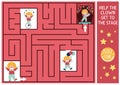 Circus maze for kids with clown going to the stage. Amusement show preschool printable activity with cute artist or performer.