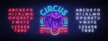 Circus neon sign. Big show design template, logo elephant in neon style, circus character, neon banner, bright nightly