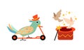 Circus Parrot and Pigeon Birds Performing Trick Riding Kick Scooter and Flying Out of Top Hat Vector Set Royalty Free Stock Photo