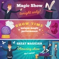 Circus party banners. Magic show with wizard characters circus tricks vector cartoons background Royalty Free Stock Photo