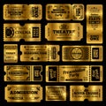 Circus, party and cinema vector vintage admission tickets templates. Golden tickets isolated on black background Royalty Free Stock Photo