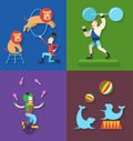Circus performance with animals clown actor athlete, Vector illustration Royalty Free Stock Photo