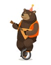 Circus performance. Happy bear rides unicycle and plays balalaika. Cartoon vector illustration