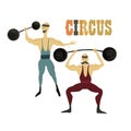 Vector illustration. Hand drawn imitation. Two strongmen. Circus performance.