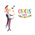 Circus performer. Elegant juggler juggles colored balls. Vector illustration.