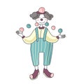 Circus performer. Man clown juggling balls. Vector illustration, isolated on white background. Royalty Free Stock Photo