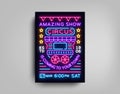 Circus poster design template in neon style. Circus wagon Neon sign, tent, light banner, bright brochure, neon flyer Royalty Free Stock Photo