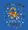 The circus poster with the tiger jumping in a fiery ring and the text - Life is a circus, enjoy the show. Vector illustration.