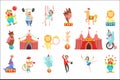 Circus Related Objects And Characters Set. Cute Cartoon Childish Style Illustrations Isolated Royalty Free Stock Photo