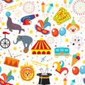 Circus seamless pattern. Holiday carnival endless background, texture. Isolated on white background. Vector illustration Royalty Free Stock Photo