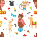 Circus Seamless Pattern with Vintage Carnival Elements and Cute Animals, Amusement Park Vector Illustration