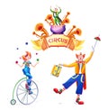 Circus set of character, including juggler, clown and entertainer. Illustration in cartoon style. Royalty Free Stock Photo