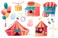 Circus set graphic elements in flat design. Bundle of stalls with tickets, food kiosk, balloons, cotton candy, pointer, shooting Royalty Free Stock Photo