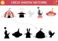 Circus shadow matching activity with clown, marquee, sea lion. Amusement show puzzle. Find correct silhouette printable worksheet