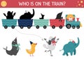 Circus shadow matching activity with cute animals on train. Amusement show puzzle with funny artists. Find correct silhouette