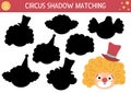 Circus shadow matching activity with cute clown face. Amusement show puzzle with funny characters. Find correct silhouette