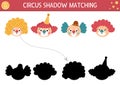 Circus shadow matching activity with cute clown faces. Amusement show puzzle with funny characters. Find correct silhouette