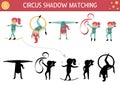 Circus shadow matching activity with cute gymnasts. Amusement show puzzle with funny characters. Find correct silhouette printable