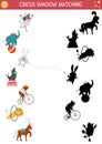 Circus shadow matching activity with cute performers. Amusement show puzzle with funny animal artists. Find correct silhouette