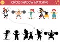 Circus shadow matching activity with cute performers. Amusement show puzzle with funny artists. Find correct silhouette printable