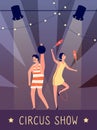 Circus show background. Strongman and juggler in spotlights on stage retro poster. Vintage kids birthday party vector